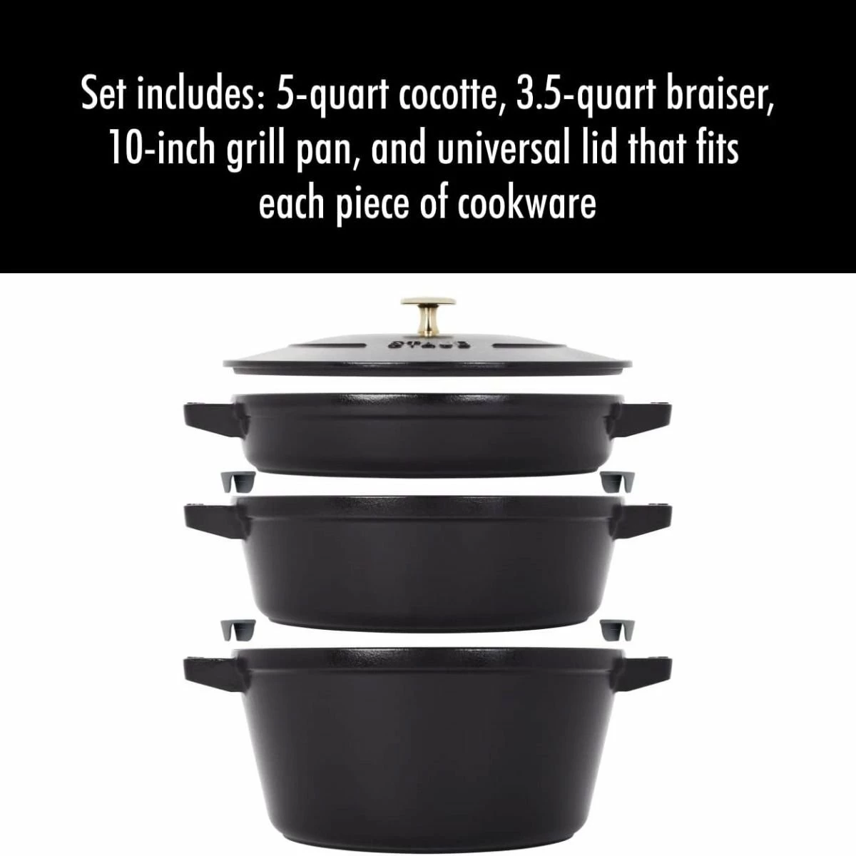 Staub Stackable Cocotte, Braiser, And Grill Pan With Lid | Black 5 Staub Stackable Cocotte, Braiser, And Grill Pan With Lid | Black - Image 3