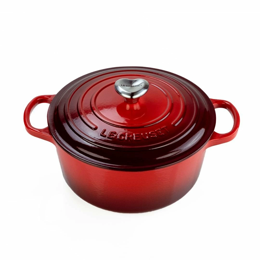 Le Creuset 3.5 Qt. Round Signature Dutch Oven With Stainless Steel Heart Knob | Cerise/Cherry Red 2 Le Creuset 3.5 Qt. Round Signature Dutch Oven With Stainless Steel Heart Knob | Cerise/Cherry Red