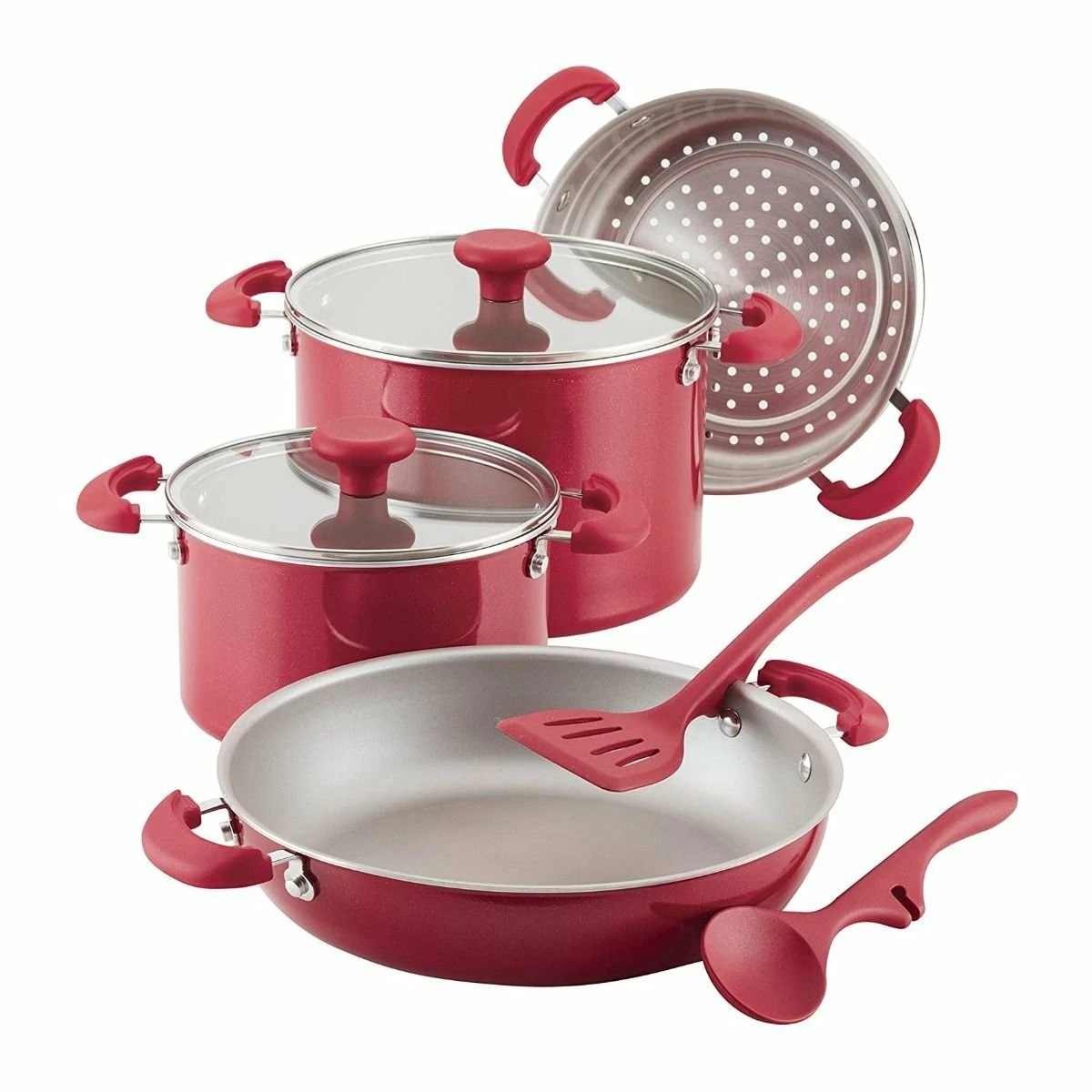 Rachael Ray 8-Piece Enameled Stacking Cookware Set | Red Shimmer 3 Rachael Ray 8-Piece Enameled Stacking Cookware Set | Red Shimmer