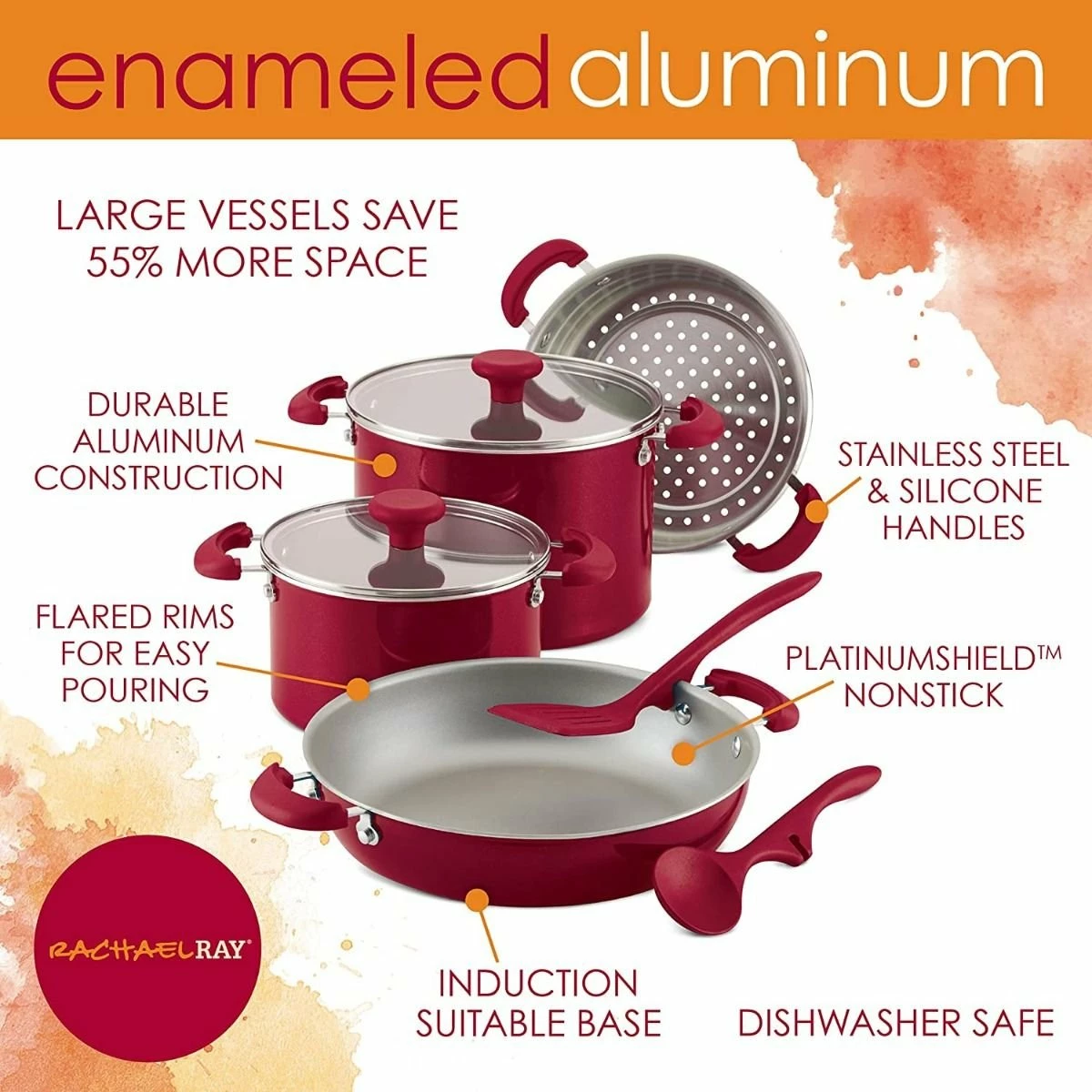 Rachael Ray 8-Piece Enameled Stacking Cookware Set | Red Shimmer 5 Rachael Ray 8-Piece Enameled Stacking Cookware Set | Red Shimmer - Image 3