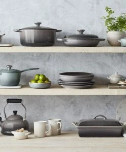 Le Creuset 5.5 Qt. Round Signature Dutch Oven With Stainless Steel Knob | Oyster Grey -Cookware Sets Shop rs16352 00 oyster le creuset shelfshot ret