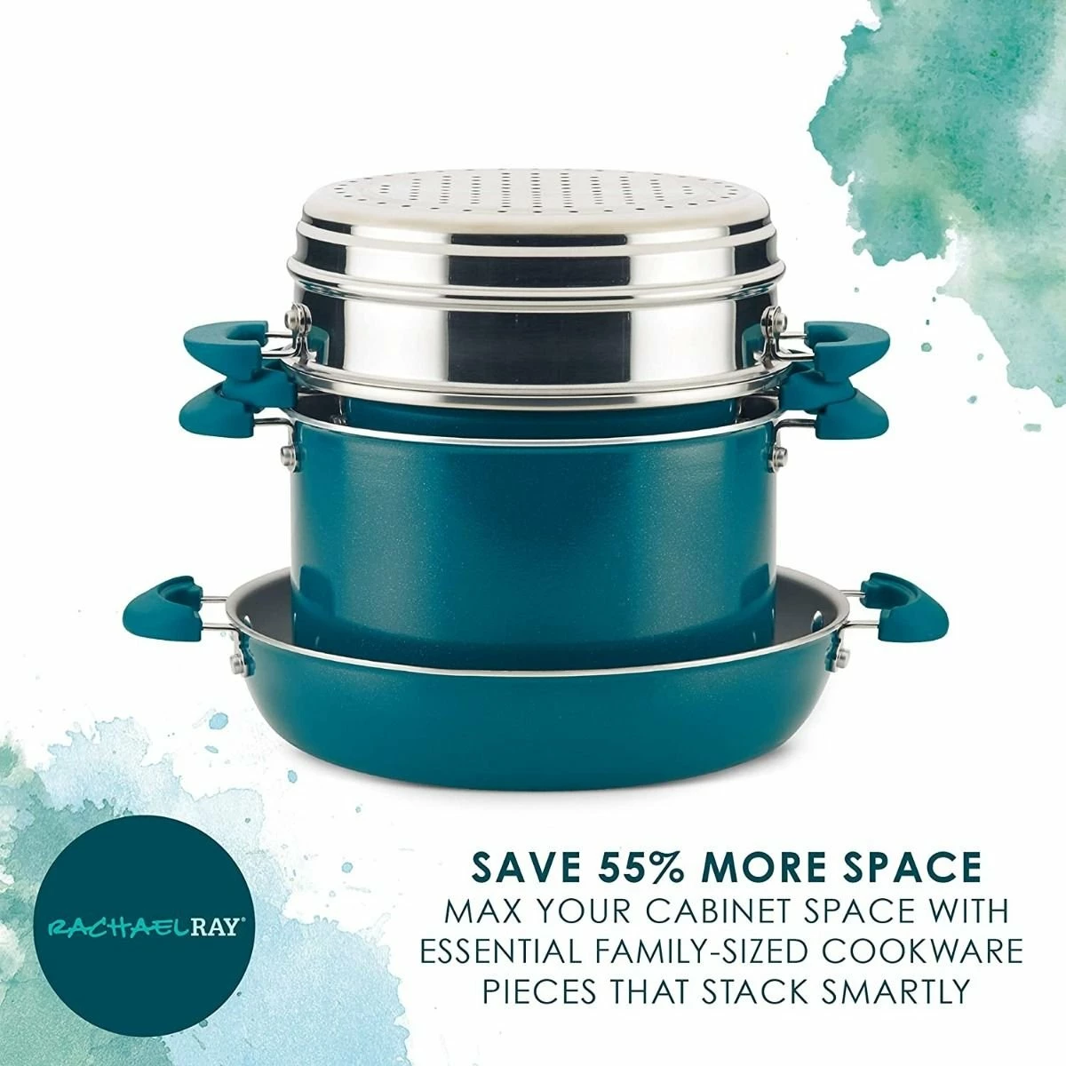 Rachael Ray 8-Piece Enameled Stacking Cookware Set | Teal Shimmer 5 Rachael Ray 8-Piece Enameled Stacking Cookware Set | Teal Shimmer - Image 3