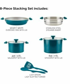 Rachael Ray 8-Piece Enameled Stacking Cookware Set | Teal Shimmer 20 Rachael Ray 8-Piece Enameled Stacking Cookware Set | Teal Shimmer -Cookware Sets Shop teal15