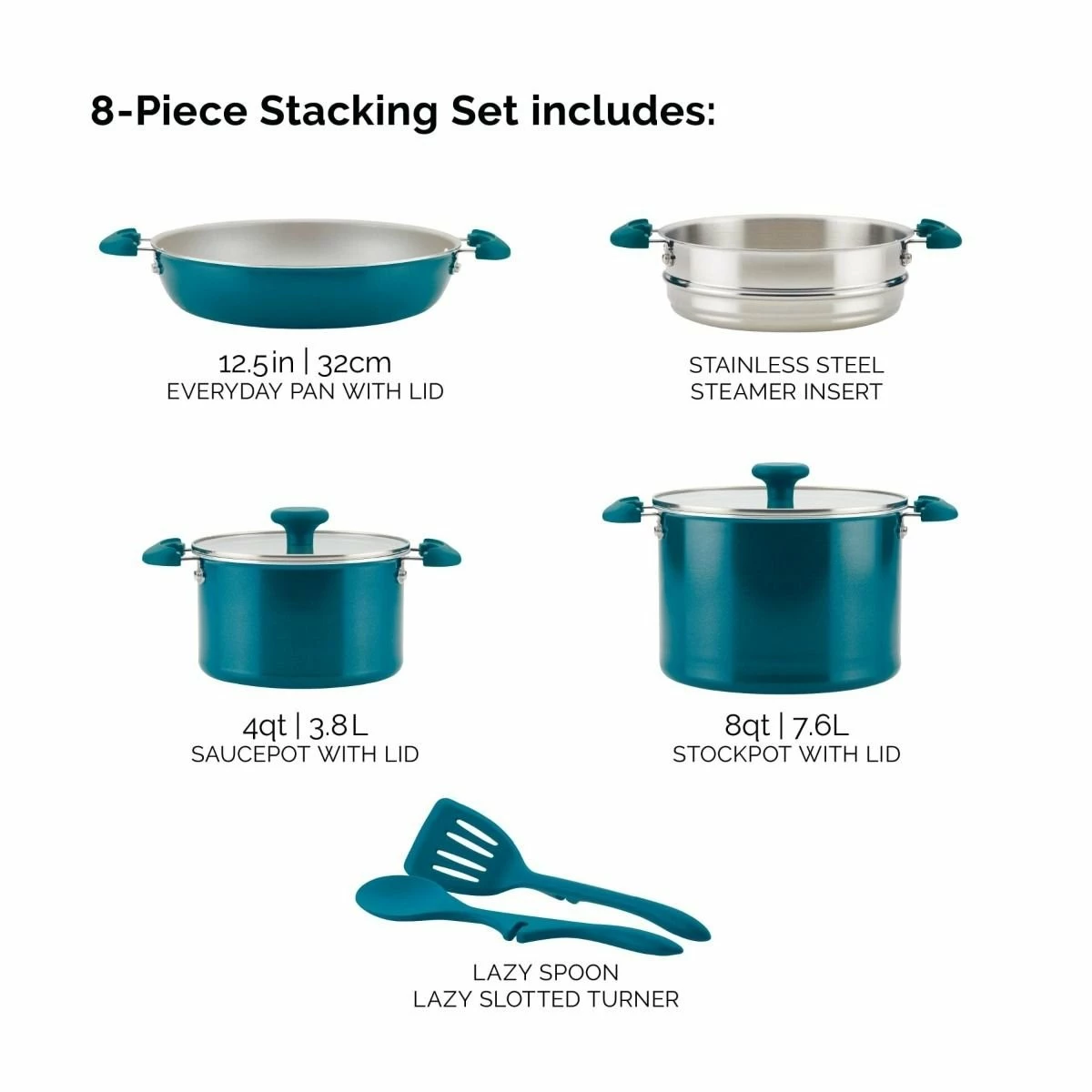 Rachael Ray 8-Piece Enameled Stacking Cookware Set | Teal Shimmer 7 Rachael Ray 8-Piece Enameled Stacking Cookware Set | Teal Shimmer - Image 5